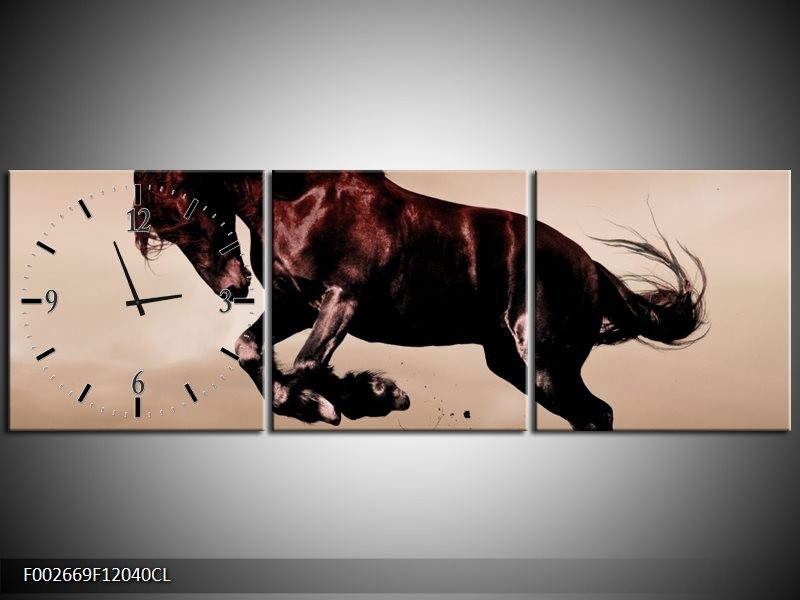 Klok schilderij Paard | Bruin, Grijs, Zwart | 120x40cm 3Luik