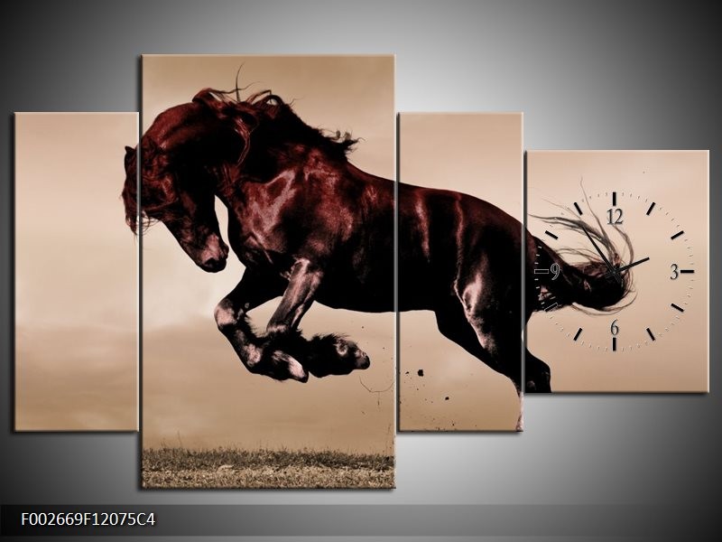 Klok schilderij Paard | Bruin, Grijs, Zwart | 120x75cm 4Luik