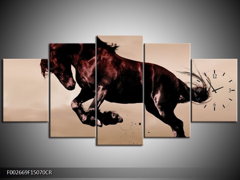 Klok schilderij Paard | Bruin, Grijs, Zwart | 150x70cm 5Luik