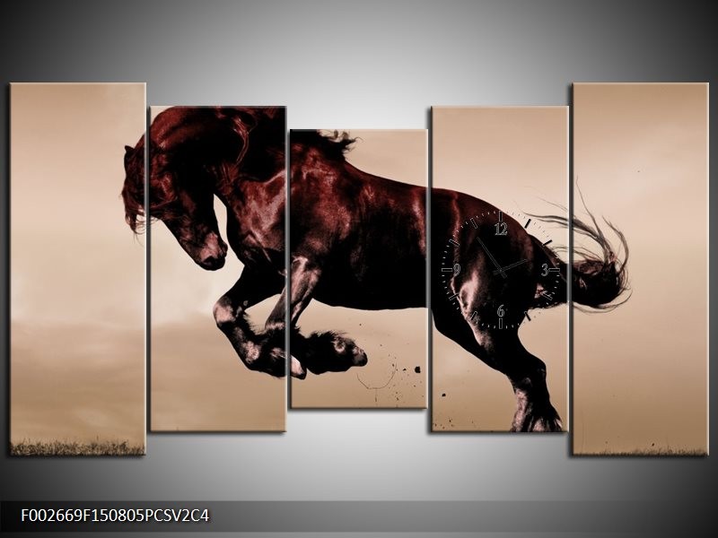 Klok schilderij Paard | Bruin, Grijs, Zwart | 150x80cm 5Luik