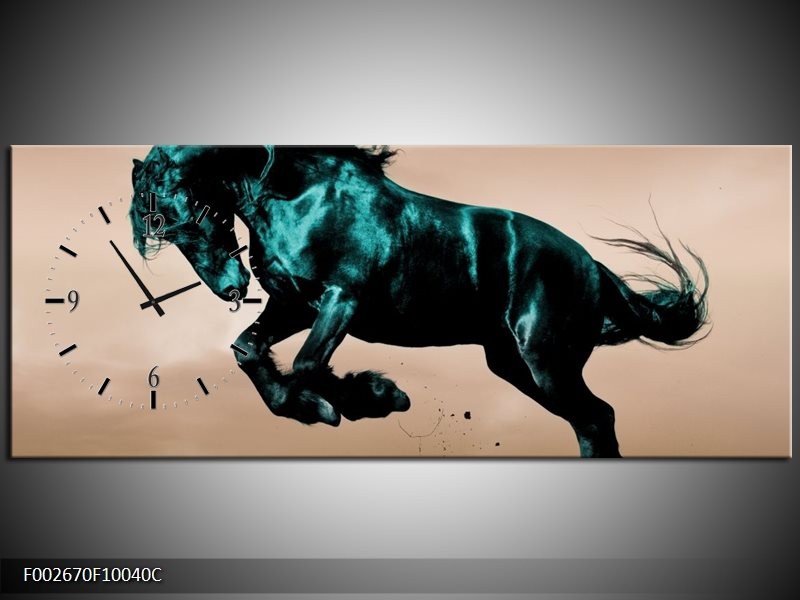 Klok schilderij Paard | Bruin, Blauw, Zwart | 100x40cm 1Luik