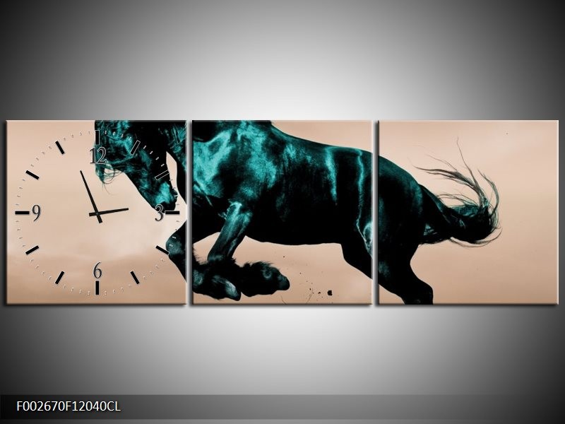 Klok schilderij Paard | Bruin, Blauw, Zwart | 120x40cm 3Luik