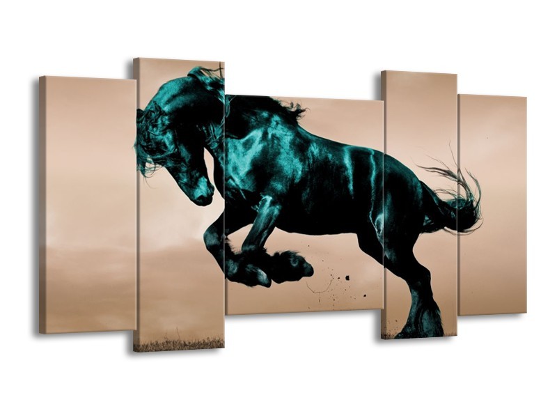 Glas schilderij Paard | Bruin, Blauw, Zwart | 120x65cm 5Luik