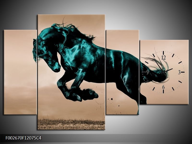 Klok schilderij Paard | Bruin, Blauw, Zwart | 120x75cm 4Luik