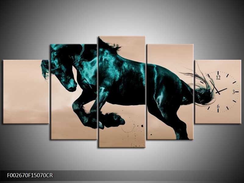 Klok schilderij Paard | Bruin, Blauw, Zwart | 150x70cm 5Luik