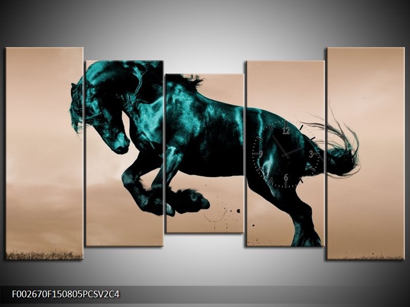 Klok schilderij Paard | Bruin, Blauw, Zwart | 150x80cm 5Luik