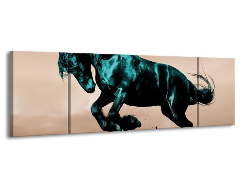 Glas schilderij Paard | Bruin, Blauw, Zwart | 170x50cm 3Luik