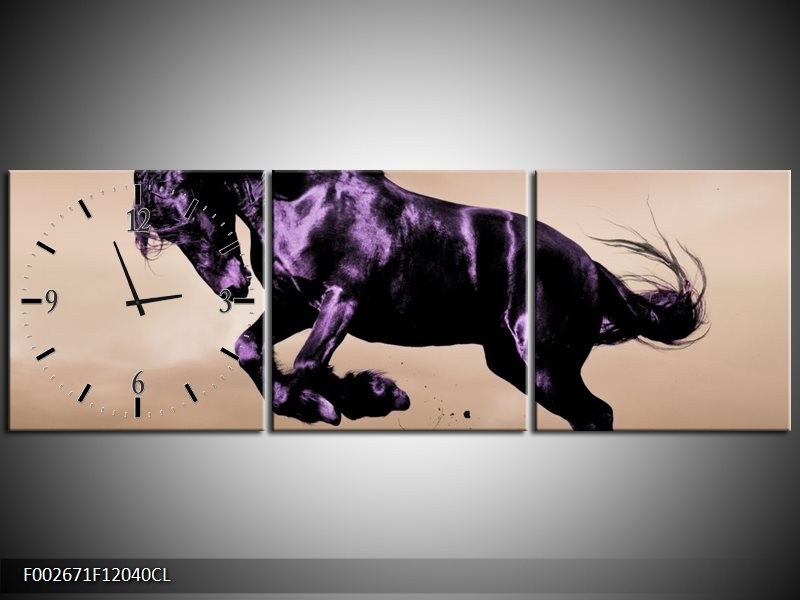 Klok schilderij Paard | Paars, Grijs, Zwart | 120x40cm 3Luik