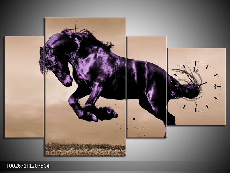 Klok schilderij Paard | Paars, Grijs, Zwart | 120x75cm 4Luik