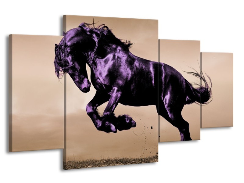Canvas schilderij Paard | Paars, Grijs, Zwart | 160x90cm 4Luik