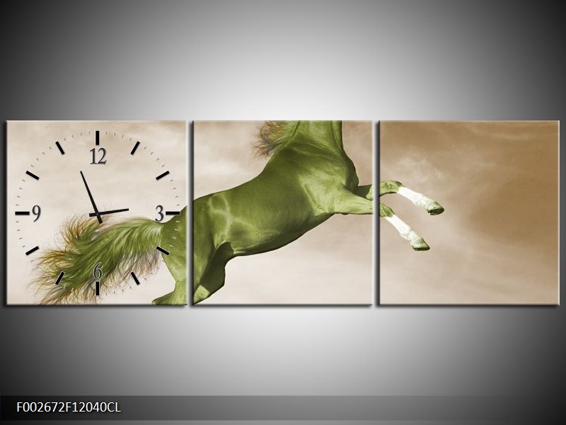 Klok schilderij Paard | Groen, Bruin | 120x40cm 3Luik