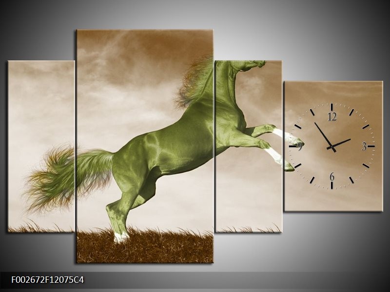 Klok schilderij Paard | Groen, Bruin | 120x75cm 4Luik