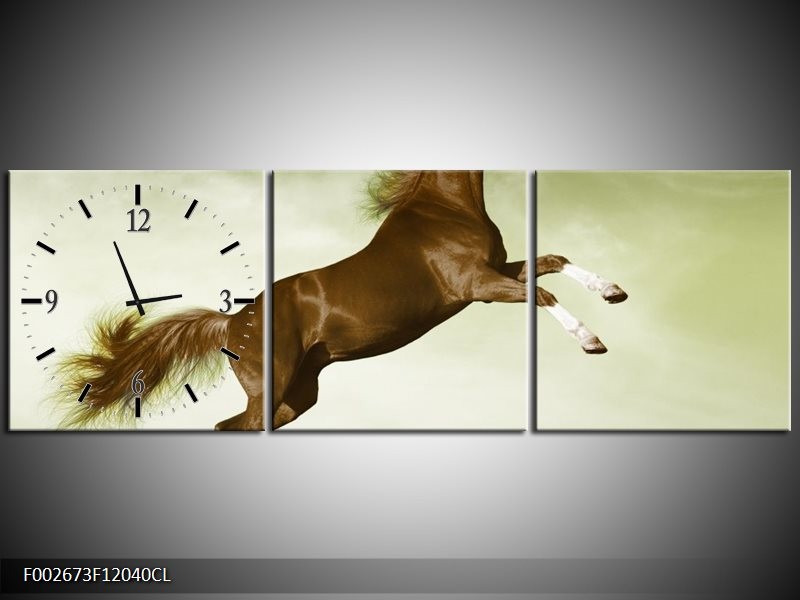 Klok schilderij Paard | Bruin, Groen, Zwart | 120x40cm 3Luik