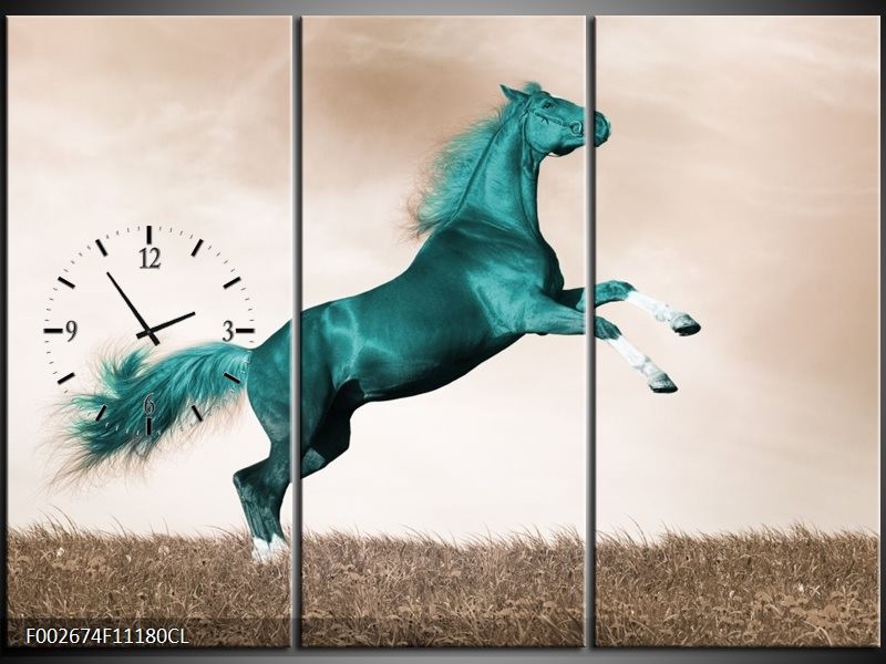 Klok schilderij Paard | Groen, Sepia | 111x80cm 3Luik
