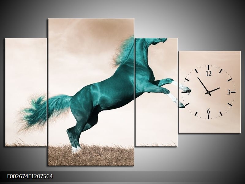 Klok schilderij Paard | Groen, Sepia | 120x75cm 4Luik