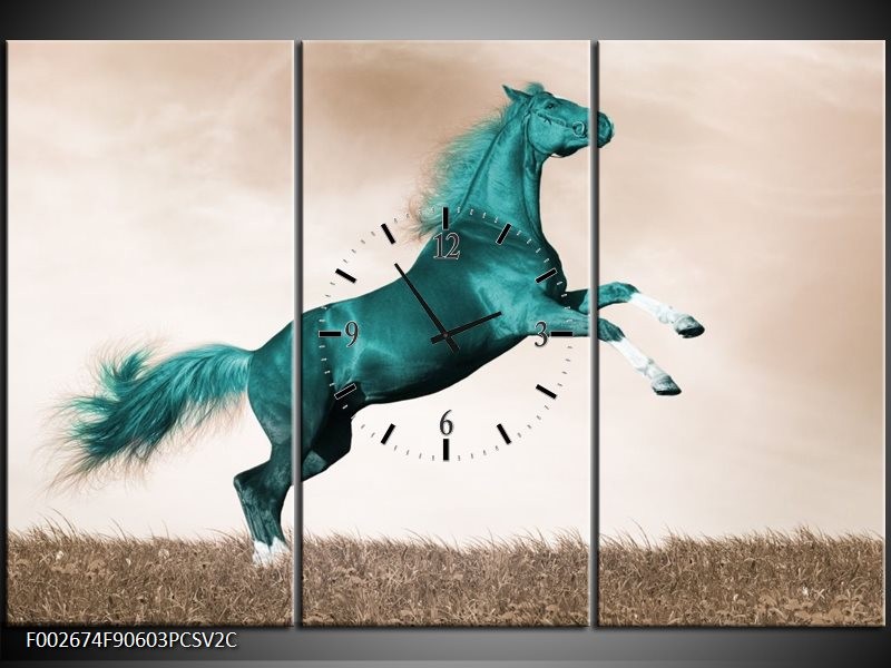 Klok schilderij Paard | Groen, Sepia | 90x60cm 3Luik