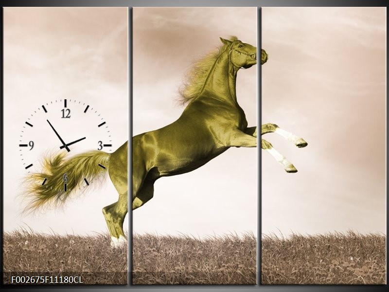 Klok schilderij Paard | Sepia, Groen, Goud | 111x80cm 3Luik