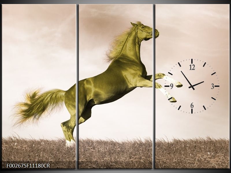 Klok schilderij Paard | Sepia, Groen, Goud | 111x80cm 3Luik