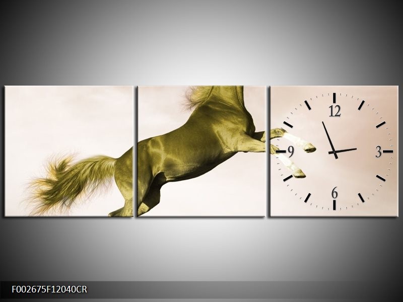 Klok schilderij Paard | Sepia, Groen, Goud | 120x40cm 3Luik