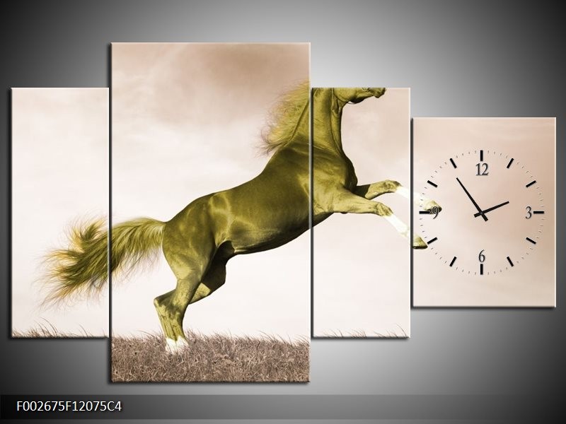 Klok schilderij Paard | Sepia, Groen, Goud | 120x75cm 4Luik