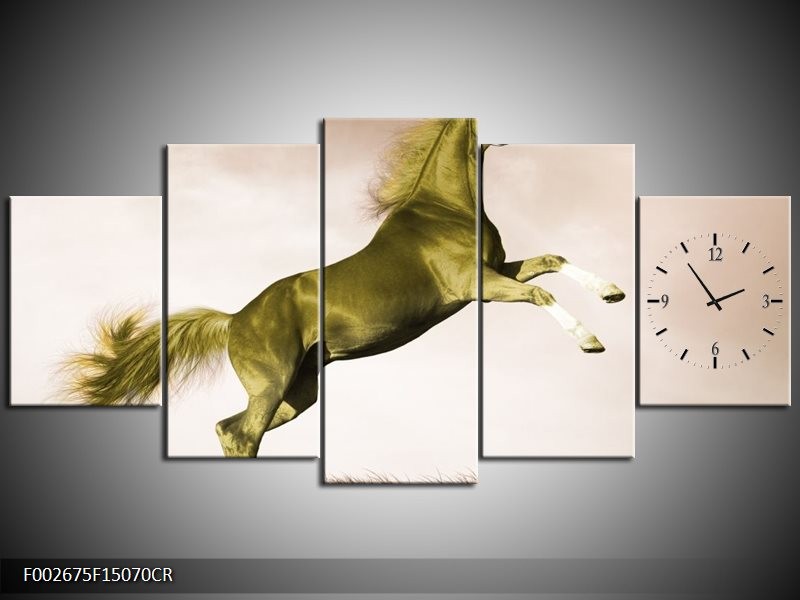 Klok schilderij Paard | Sepia, Groen, Goud | 150x70cm 5Luik