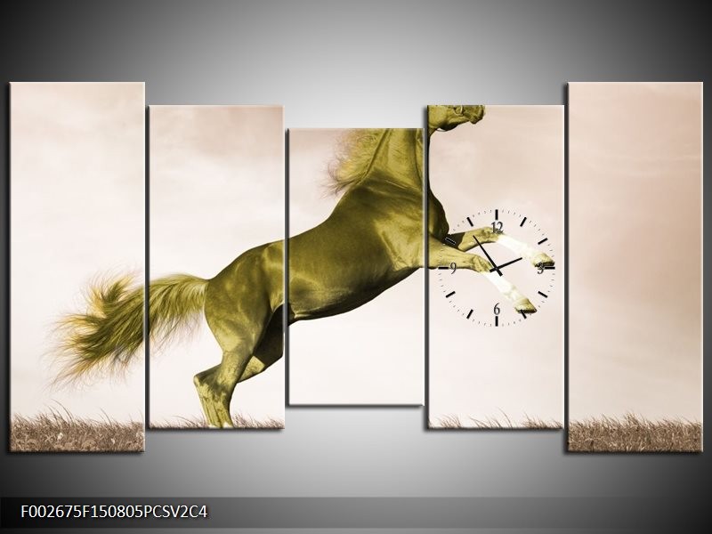 Klok schilderij Paard | Sepia, Groen, Goud | 150x80cm 5Luik
