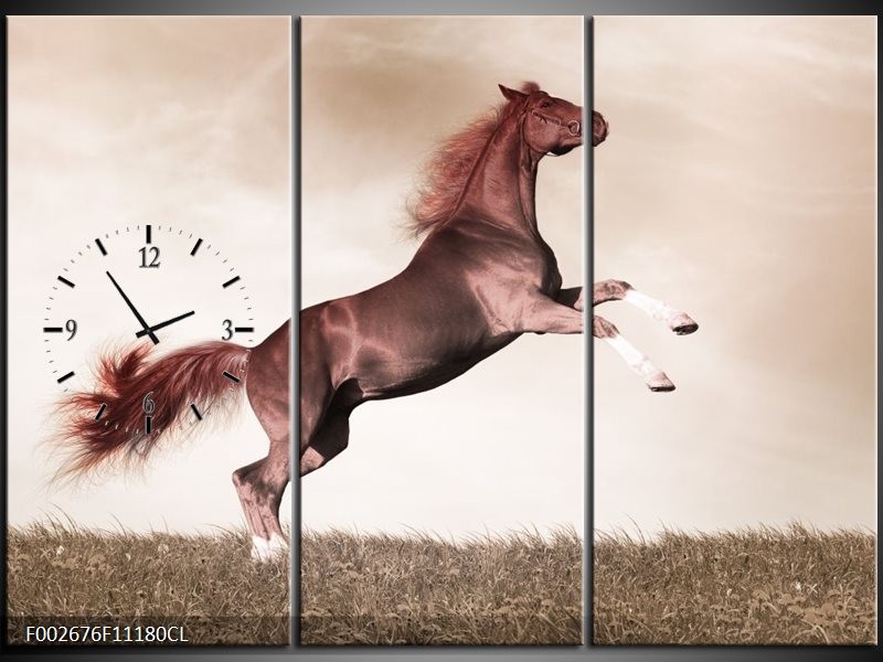 Klok schilderij Paard | Sepia, Bruin, Rood | 111x80cm 3Luik