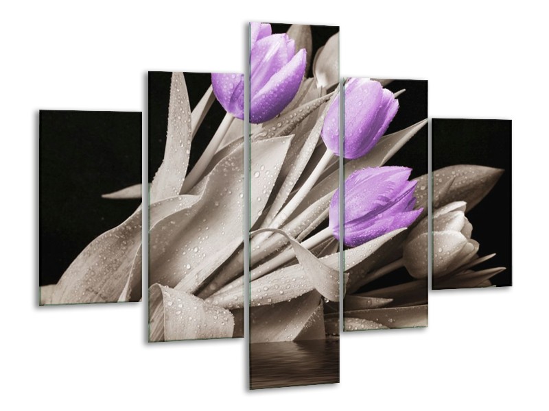 Canvas schilderij Tulp | Paars, Zwart, Grijs | 100x70cm 5Luik