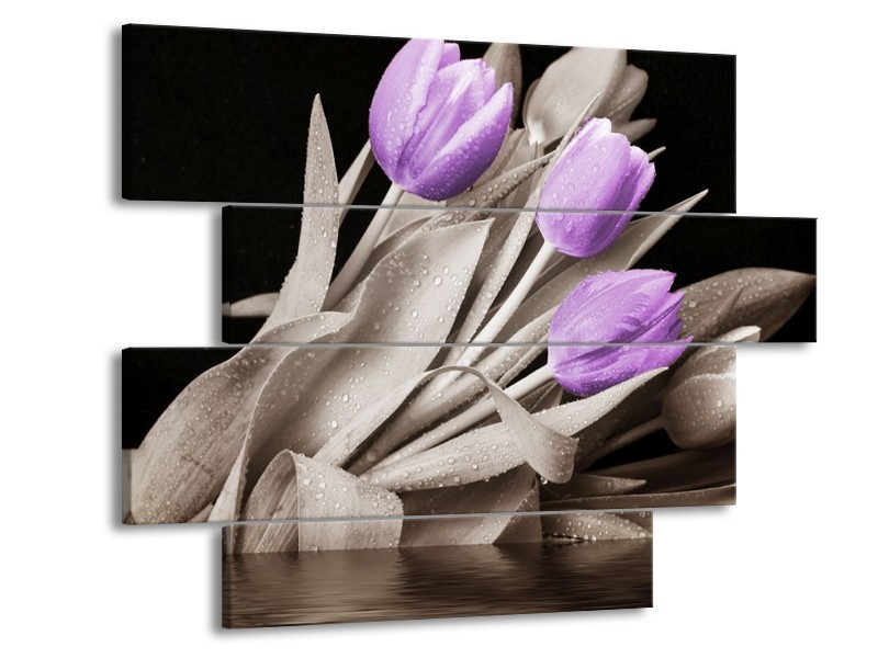 Canvas schilderij Tulp | Paars, Zwart, Grijs | 115x85cm 4Luik
