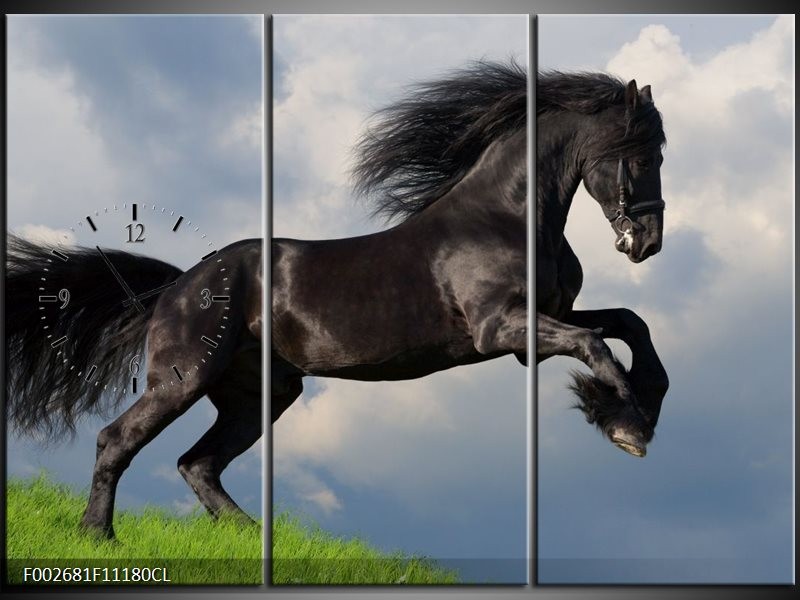 Klok schilderij Paard | Zwart, Groen, Wit | 111x80cm 3Luik