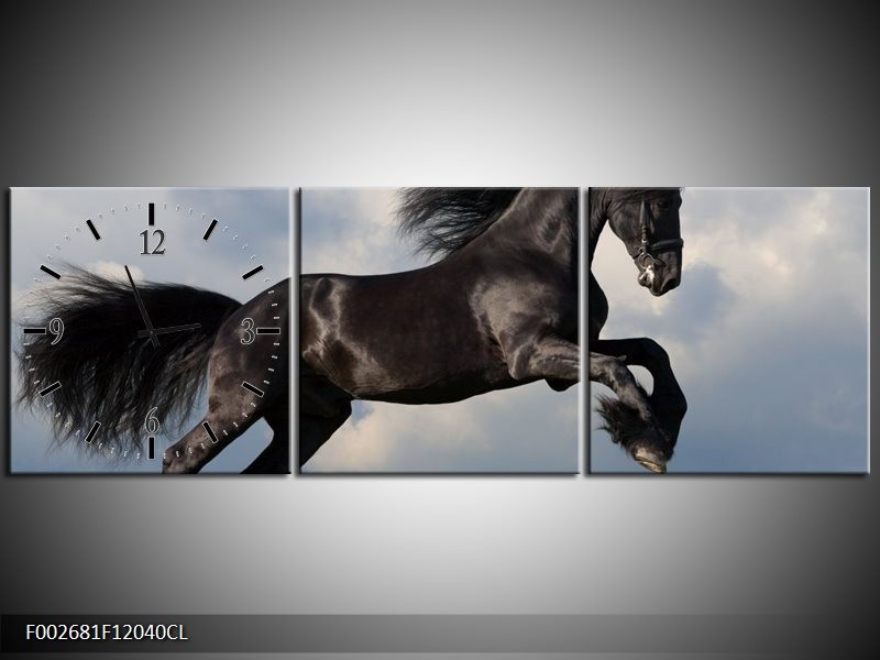 Klok schilderij Paard | Zwart, Groen, Wit | 120x40cm 3Luik