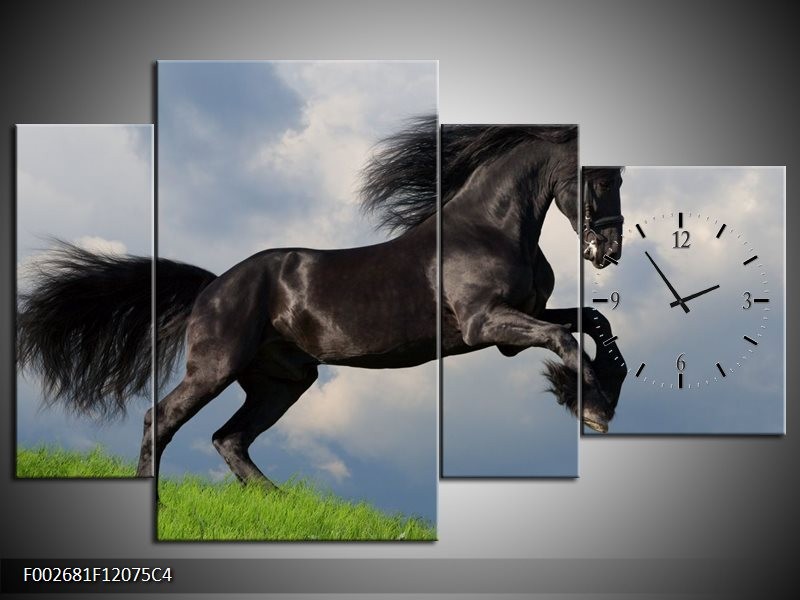 Klok schilderij Paard | Zwart, Groen, Wit | 120x75cm 4Luik