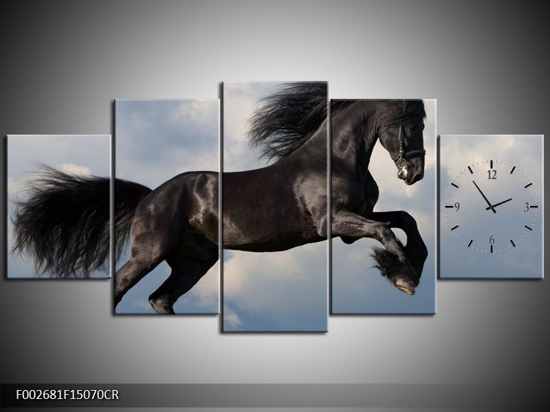 Klok schilderij Paard | Zwart, Groen, Wit | 150x70cm 5Luik