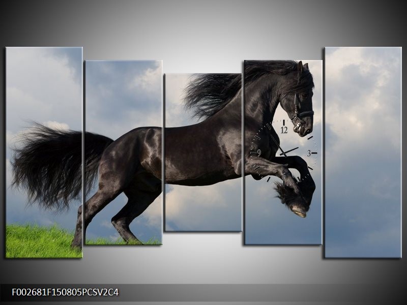 Klok schilderij Paard | Zwart, Groen, Wit | 150x80cm 5Luik