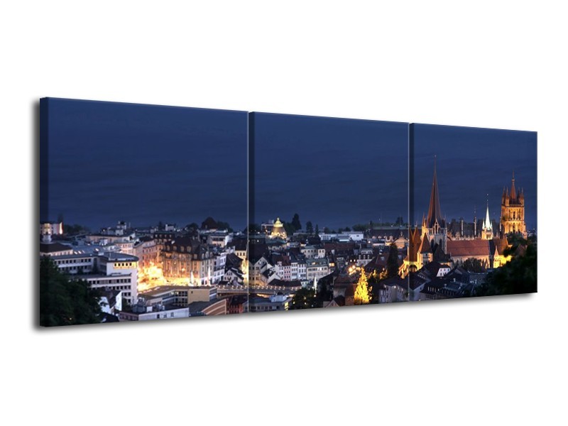 Glas schilderij Steden | Blauw, Geel, Grijs | 120x40cm 3Luik