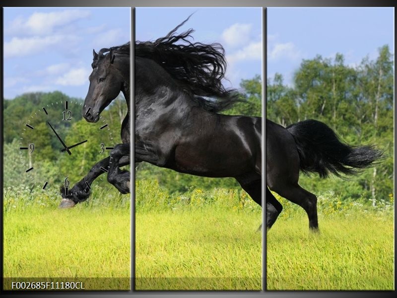 Klok schilderij Paard | Zwart, Groen, Blauw | 111x80cm 3Luik