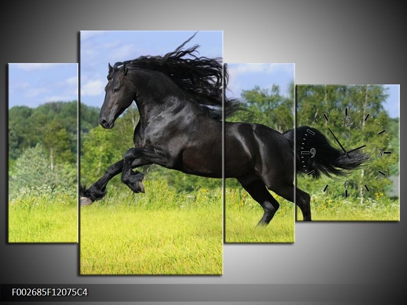 Klok schilderij Paard | Zwart, Groen, Blauw | 120x75cm 4Luik