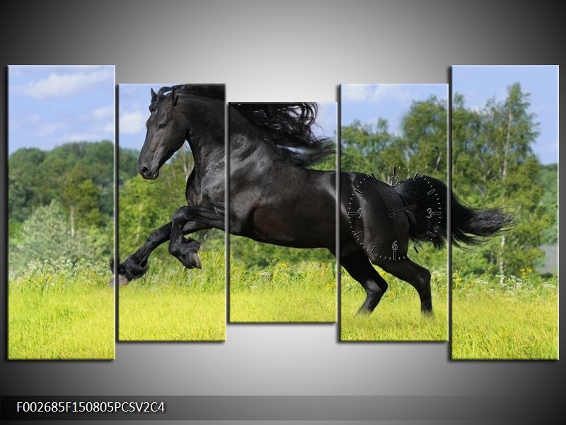 Klok schilderij Paard | Zwart, Groen, Blauw | 150x80cm 5Luik