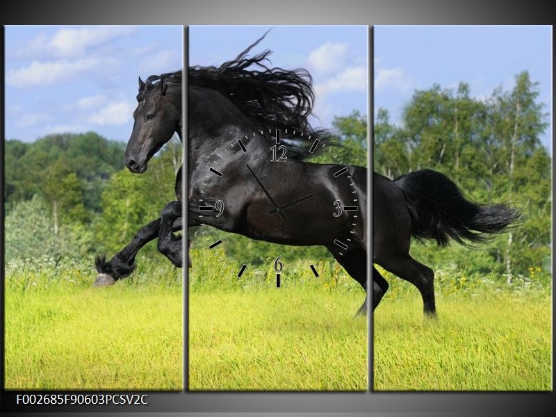 Klok schilderij Paard | Zwart, Groen, Blauw | 90x60cm 3Luik