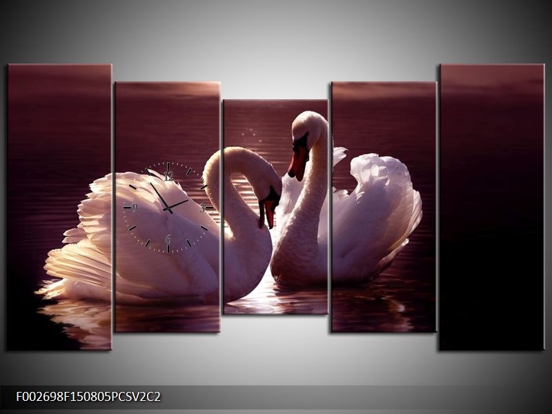 Klok schilderij Vogels | Wit, Bruin, Zwart | 150x80cm 5Luik