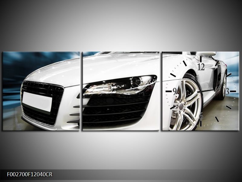 Klok schilderij Audi | Zwart, Wit, Blauw | 120x40cm 3Luik