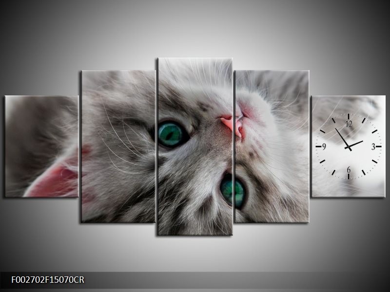 Klok schilderij Kat | Grijs, Groen, Wit | 150x70cm 5Luik