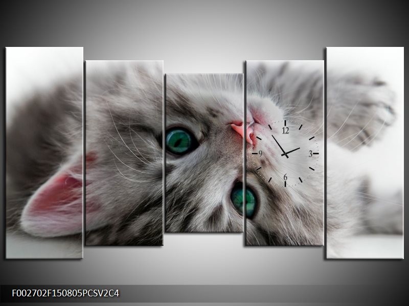 Klok schilderij Kat | Grijs, Groen, Wit | 150x80cm 5Luik