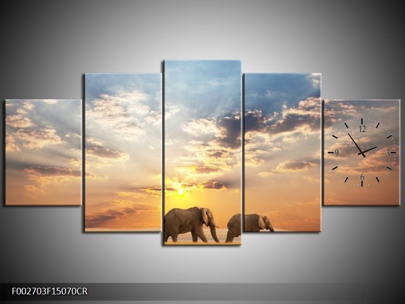 Klok schilderij Olifant | Grijs, Geel, Blauw | 150x70cm 5Luik