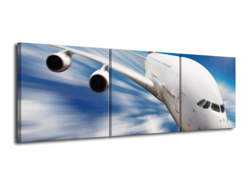 Canvas schilderij Vliegtuig | Wit, Blauw, Rood | 120x40cm 3Luik