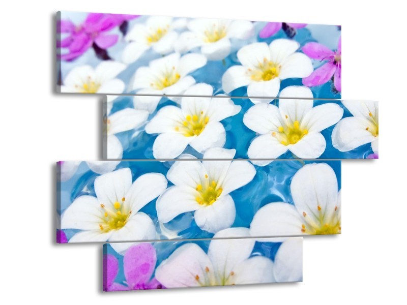 Canvas schilderij Bloemen | Blauw, Wit, Geel | 115x85cm 4Luik