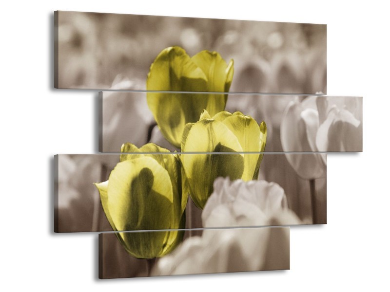Canvas schilderij Tulpen | Bruin, Groen, Zwart | 115x85cm 4Luik
