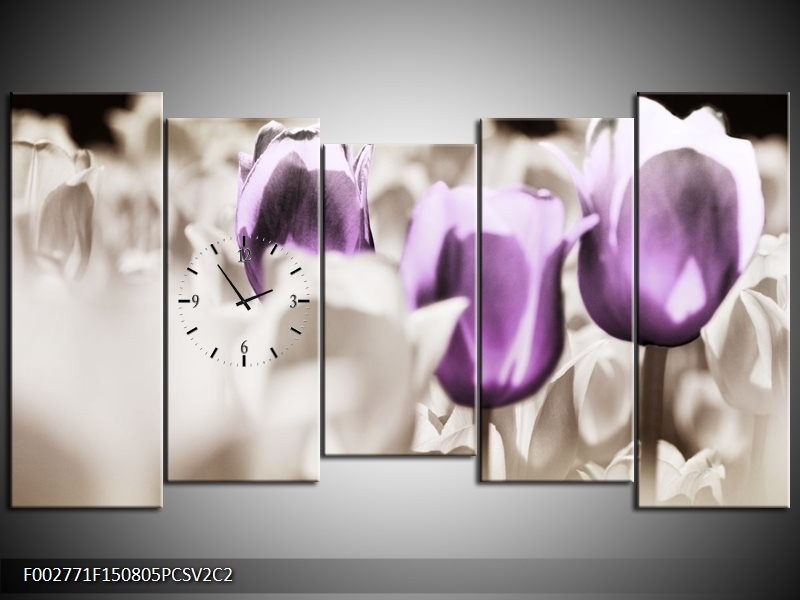Klok schilderij Tulpen | Paars, Grijs, Wit | 150x80cm 5Luik