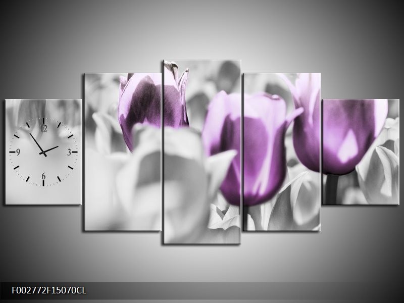Klok schilderij Tulpen | Paars, Grijs, Wit | 150x70cm 5Luik