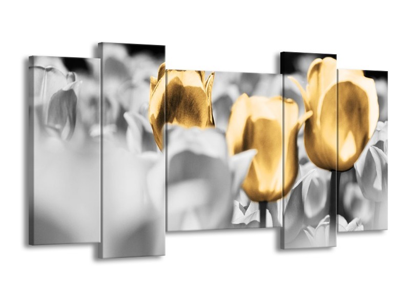 Canvas schilderij Tulpen | Goud, Grijs, Wit | 120x65 5Luik
